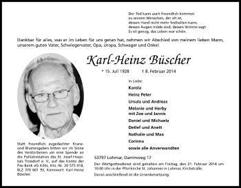 Anzeige von Karl-Heinz Büscher von Kölner Stadt-Anzeiger / Kölnische Rundschau / Express