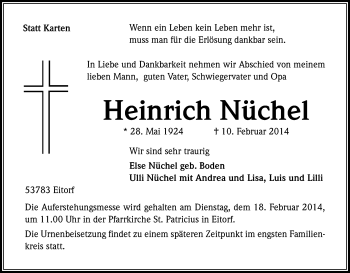 Anzeige von Heinrich Nüchel von Kölner Stadt-Anzeiger / Kölnische Rundschau / Express