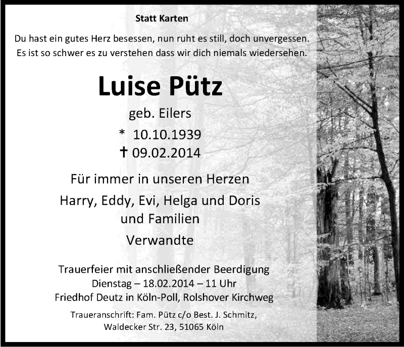  Traueranzeige für Luise Pütz vom 14.02.2014 aus Kölner Stadt-Anzeiger / Kölnische Rundschau / Express