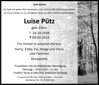 Anzeige von Luise Pütz von Kölner Stadt-Anzeiger / Kölnische Rundschau / Express