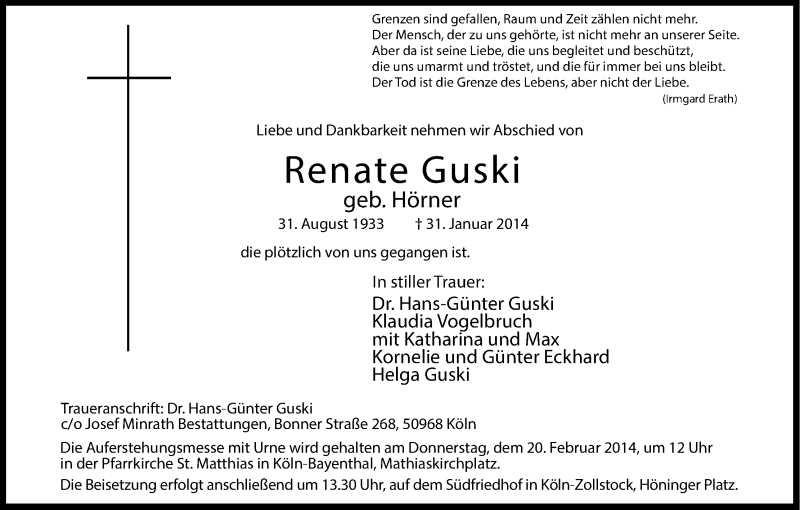  Traueranzeige für Renate Guski vom 15.02.2014 aus Kölner Stadt-Anzeiger / Kölnische Rundschau / Express