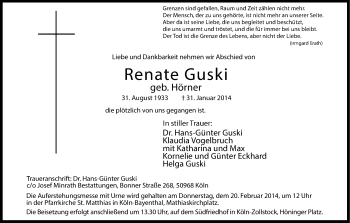 Anzeige von Renate Guski von Kölner Stadt-Anzeiger / Kölnische Rundschau / Express