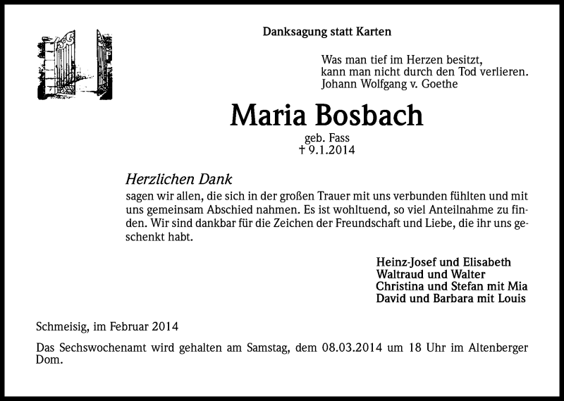  Traueranzeige für Maria Bosbach vom 28.02.2014 aus Kölner Stadt-Anzeiger / Kölnische Rundschau / Express