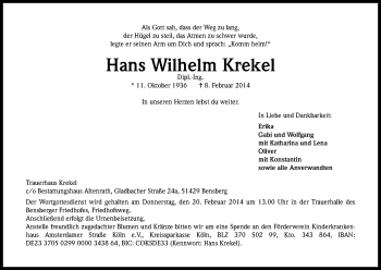 Anzeige von Hans Wilhelm Krekel von Kölner Stadt-Anzeiger / Kölnische Rundschau / Express