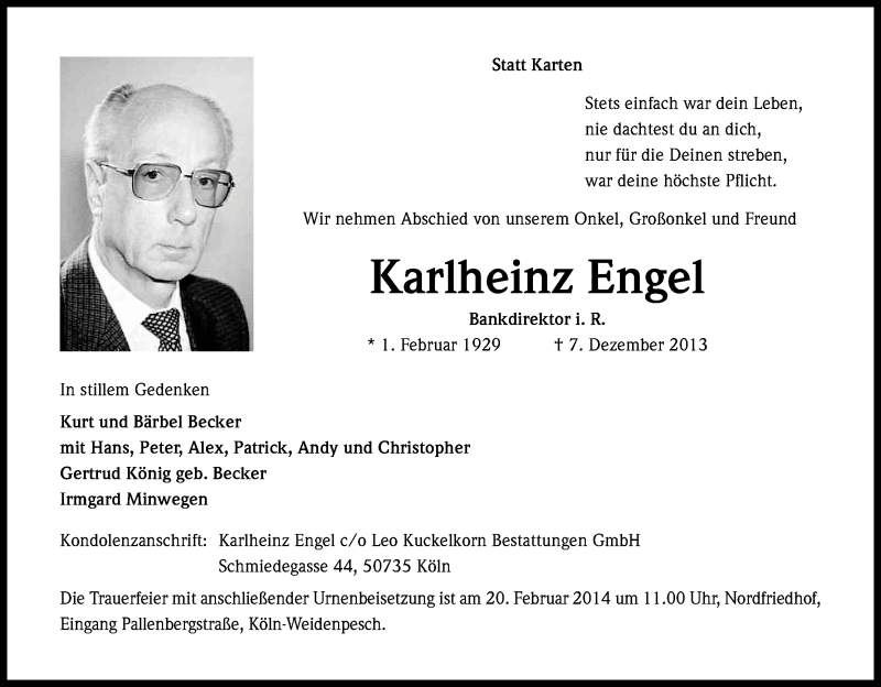  Traueranzeige für Karlheinz Engel vom 15.02.2014 aus Kölner Stadt-Anzeiger / Kölnische Rundschau / Express