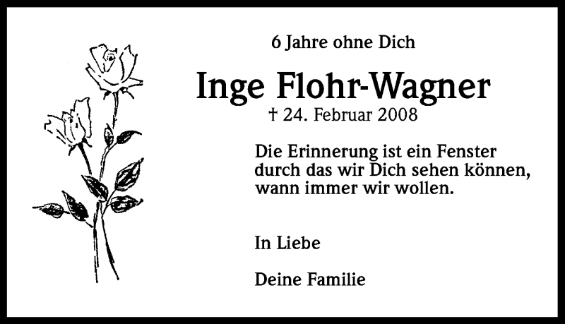  Traueranzeige für Inge Flohr-Wagner vom 24.02.2014 aus Kölner Stadt-Anzeiger / Kölnische Rundschau / Express