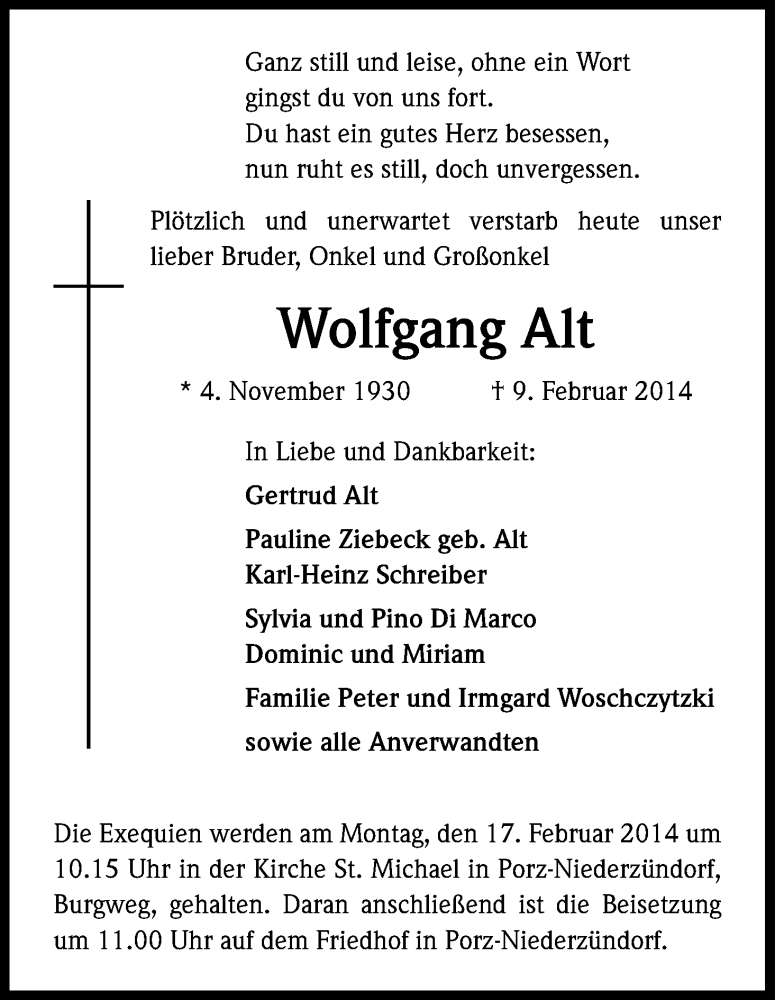  Traueranzeige für Wolfgang Alt vom 15.02.2014 aus Kölner Stadt-Anzeiger / Kölnische Rundschau / Express