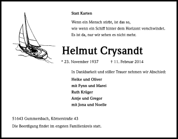 Anzeige von Helmut Crysandt von Kölner Stadt-Anzeiger / Kölnische Rundschau / Express
