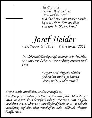 Anzeige von Josef Heider von Kölner Stadt-Anzeiger / Kölnische Rundschau / Express