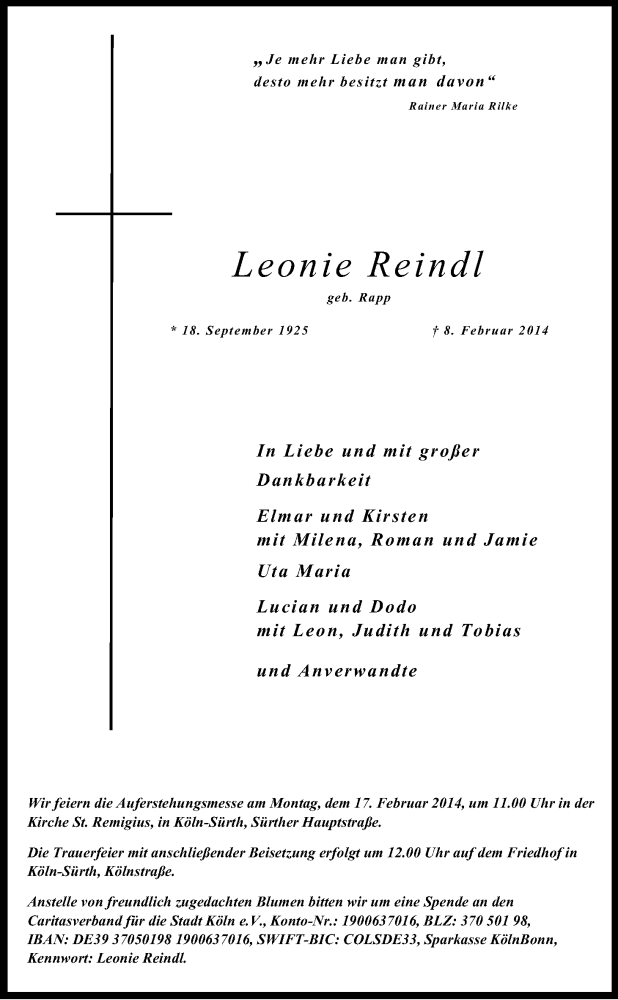  Traueranzeige für Leonie Reindl vom 15.02.2014 aus Kölner Stadt-Anzeiger / Kölnische Rundschau / Express