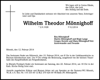 Anzeige von Wilhelm Theodor Mönnighoff von Kölner Stadt-Anzeiger / Kölnische Rundschau / Express