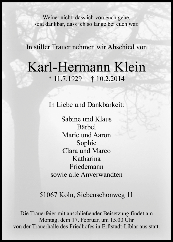  Traueranzeige für Karl-Hermann Klein vom 13.02.2014 aus Kölner Stadt-Anzeiger / Kölnische Rundschau / Express