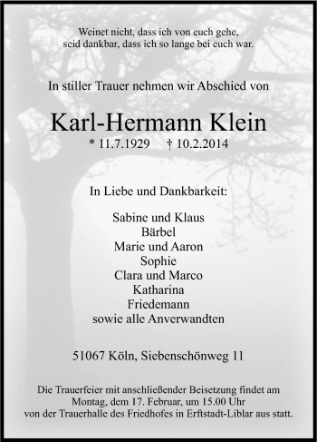Anzeige von Karl-Hermann Klein von Kölner Stadt-Anzeiger / Kölnische Rundschau / Express