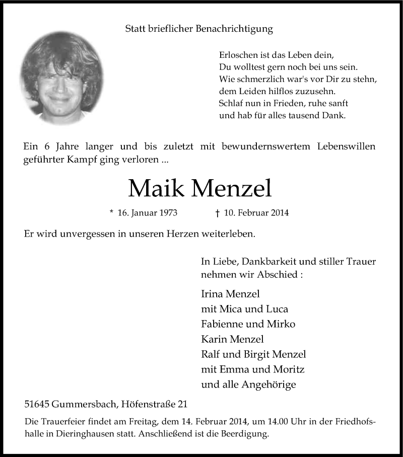  Traueranzeige für Maik Menzel vom 13.02.2014 aus Kölner Stadt-Anzeiger / Kölnische Rundschau / Express