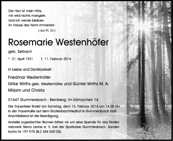 Anzeige von Rosemarie Westenhöfer von Kölner Stadt-Anzeiger / Kölnische Rundschau / Express