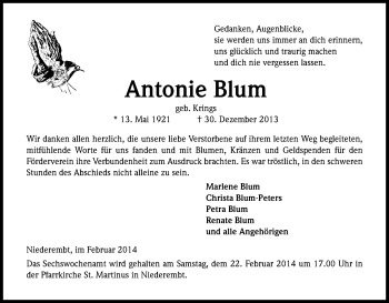 Anzeige von Antonie Blum von Kölner Stadt-Anzeiger / Kölnische Rundschau / Express