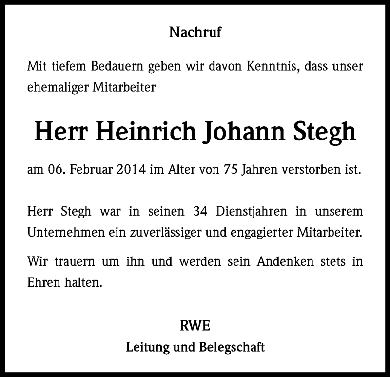  Traueranzeige für Heinrich Johann Stegh vom 14.02.2014 aus Kölner Stadt-Anzeiger / Kölnische Rundschau / Express