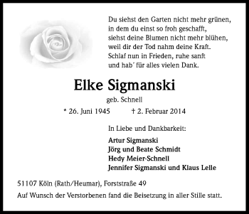 Anzeige von Elke Sigmanski von Kölner Stadt-Anzeiger / Kölnische Rundschau / Express