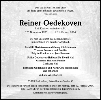 Anzeige von Reiner Oedekoven von Kölner Stadt-Anzeiger / Kölnische Rundschau / Express