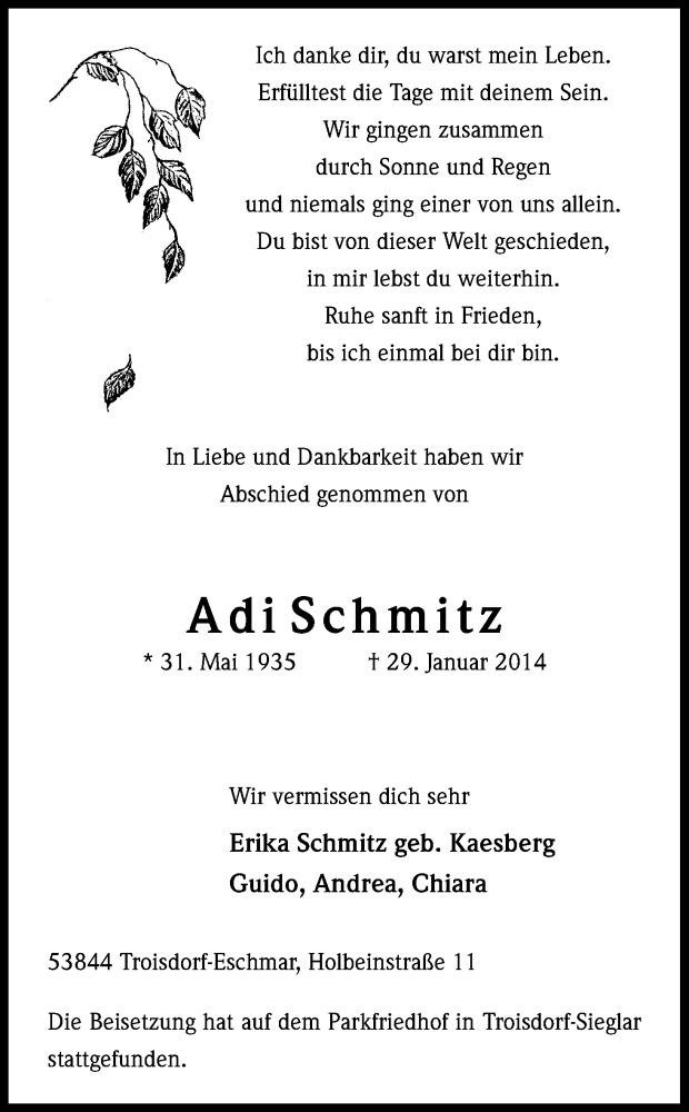  Traueranzeige für Adi Schmitz vom 15.02.2014 aus Kölner Stadt-Anzeiger / Kölnische Rundschau / Express