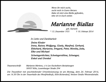 Anzeige von Marianne Biallas von Kölner Stadt-Anzeiger / Kölnische Rundschau / Express