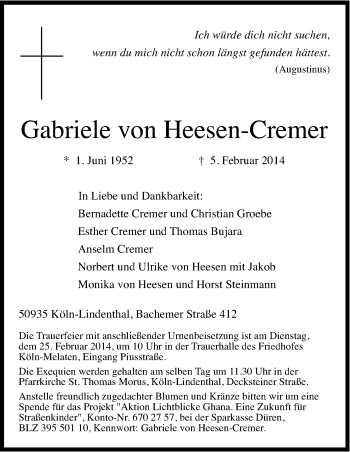 Anzeige von Gabriele von Heesen-Cremer von Kölner Stadt-Anzeiger / Kölnische Rundschau / Express
