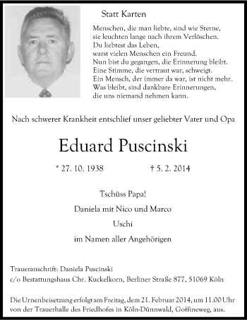 Anzeige von Eduard Puscinski von Kölner Stadt-Anzeiger / Kölnische Rundschau / Express