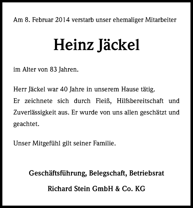  Traueranzeige für Heinz Jäckel vom 15.02.2014 aus Kölner Stadt-Anzeiger / Kölnische Rundschau / Express