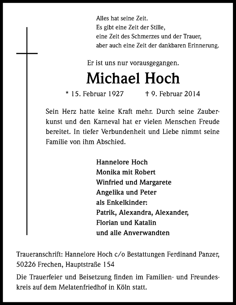  Traueranzeige für Michael Hoch vom 15.02.2014 aus Kölner Stadt-Anzeiger / Kölnische Rundschau / Express