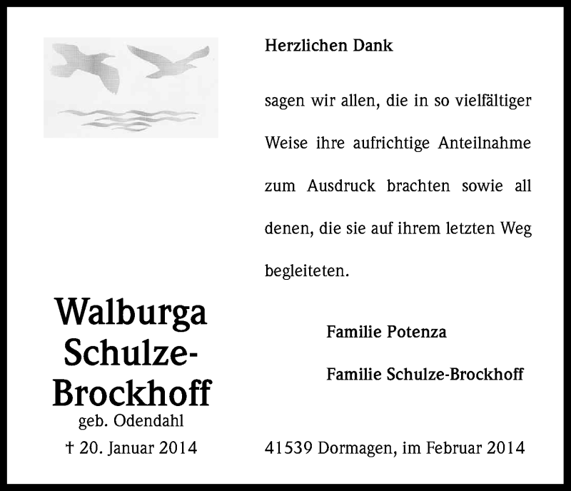  Traueranzeige für Walburga Schulze-Brockhoff vom 15.02.2014 aus Kölner Stadt-Anzeiger / Kölnische Rundschau / Express