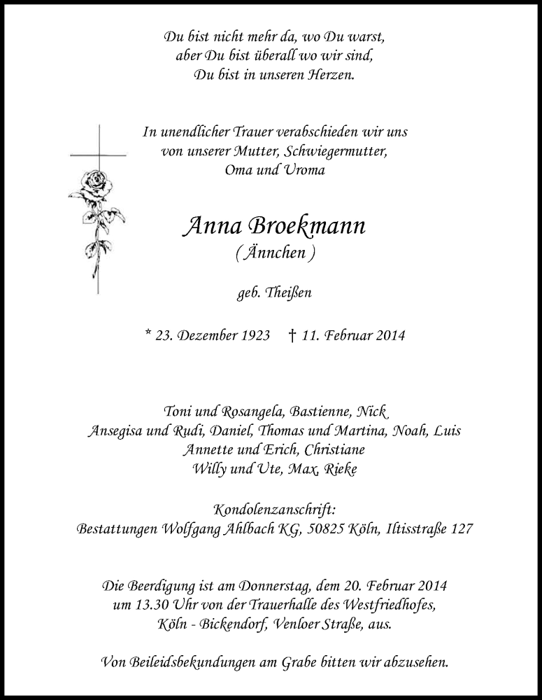  Traueranzeige für Anna Broekmann vom 15.02.2014 aus Kölner Stadt-Anzeiger / Kölnische Rundschau / Express