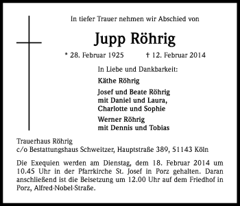 Anzeige von Jupp Röhrig von Kölner Stadt-Anzeiger / Kölnische Rundschau / Express