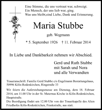 Anzeige von Maria Stubbe von Kölner Stadt-Anzeiger / Kölnische Rundschau / Express