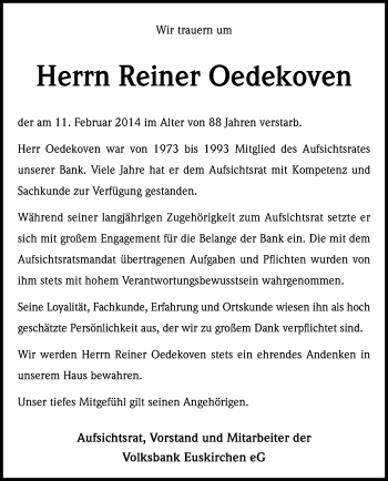 Anzeige von Reiner Oedekoven von Kölner Stadt-Anzeiger / Kölnische Rundschau / Express