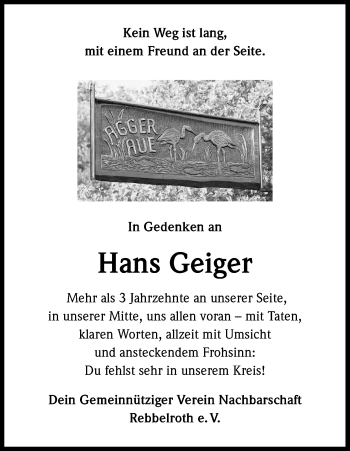 Anzeige von Hans Geiger von Kölner Stadt-Anzeiger / Kölnische Rundschau / Express