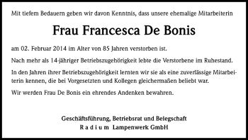 Anzeige von Francesca De Bonis von Kölner Stadt-Anzeiger / Kölnische Rundschau / Express