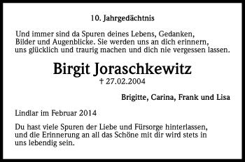 Anzeige von Birgit Joraschkewitz von Kölner Stadt-Anzeiger / Kölnische Rundschau / Express