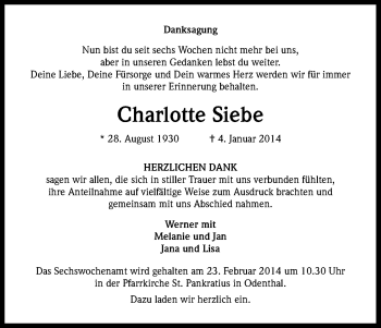 Anzeige von Charlotte Siebe von Kölner Stadt-Anzeiger / Kölnische Rundschau / Express