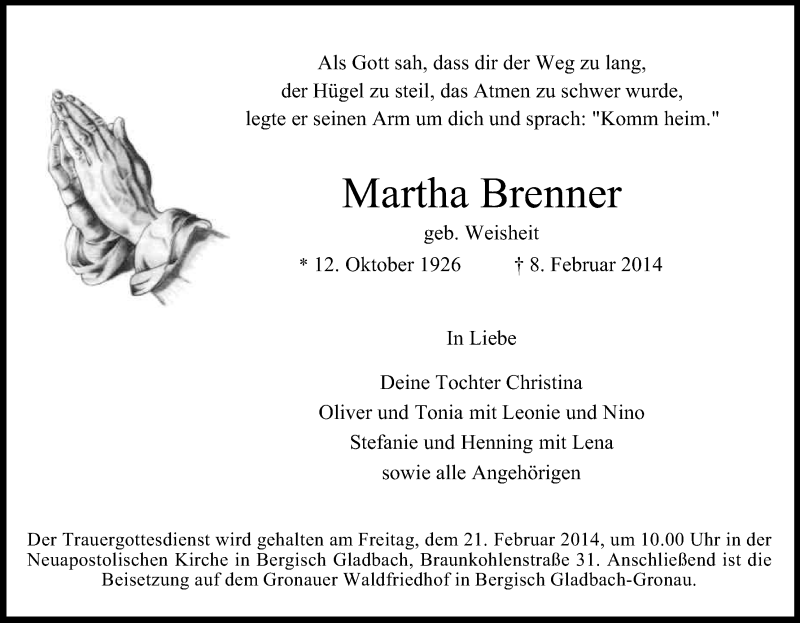  Traueranzeige für Martha Brenner vom 15.02.2014 aus Kölner Stadt-Anzeiger / Kölnische Rundschau / Express