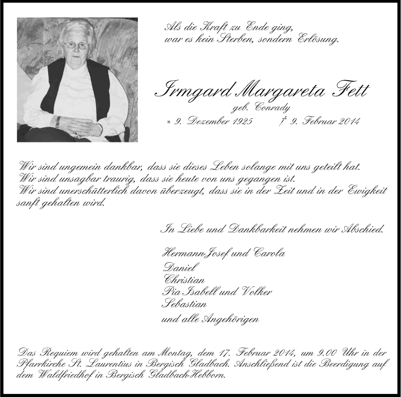  Traueranzeige für Irmgard Margareta Fett vom 15.02.2014 aus Kölner Stadt-Anzeiger / Kölnische Rundschau / Express