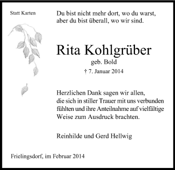Anzeige von Rita Kohlgrüb von Kölner Stadt-Anzeiger / Kölnische Rundschau / Express