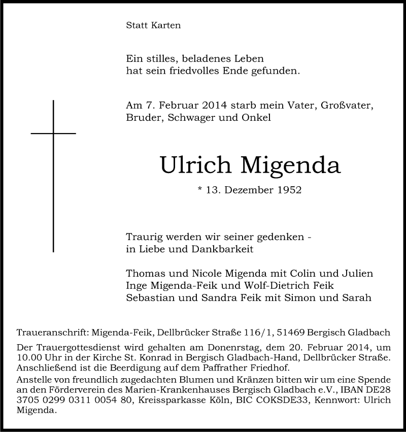  Traueranzeige für Ulrich Migenda vom 15.02.2014 aus Kölner Stadt-Anzeiger / Kölnische Rundschau / Express