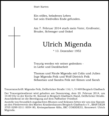Anzeige von Ulrich Migenda von Kölner Stadt-Anzeiger / Kölnische Rundschau / Express