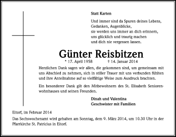 Anzeige von Günter Reisbitzen von Kölner Stadt-Anzeiger / Kölnische Rundschau / Express