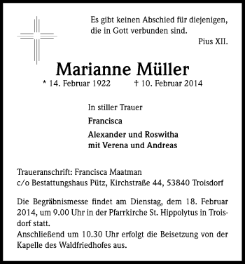 Anzeige von Marianne Müller von Kölner Stadt-Anzeiger / Kölnische Rundschau / Express