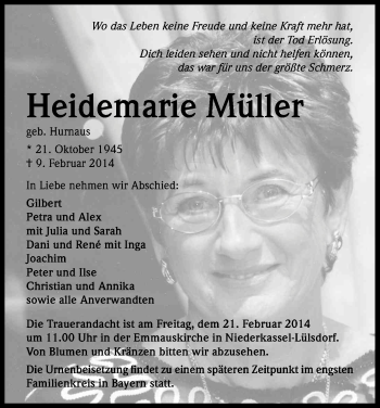 Anzeige von Heidemarie Mülle von Kölner Stadt-Anzeiger / Kölnische Rundschau / Express