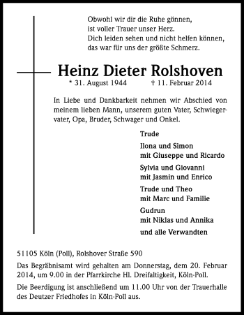 Anzeige von Heinz Dieter Rolshoven von Kölner Stadt-Anzeiger / Kölnische Rundschau / Express