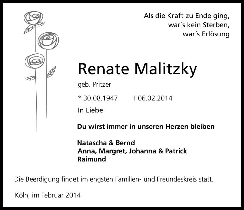  Traueranzeige für Renate Malitzky vom 15.02.2014 aus Kölner Stadt-Anzeiger / Kölnische Rundschau / Express