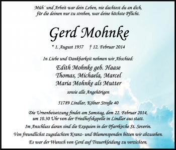 Anzeige von Gerd Mohnke von Kölner Stadt-Anzeiger / Kölnische Rundschau / Express