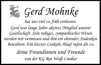 Anzeige von Gerd Mohnke von Kölner Stadt-Anzeiger / Kölnische Rundschau / Express